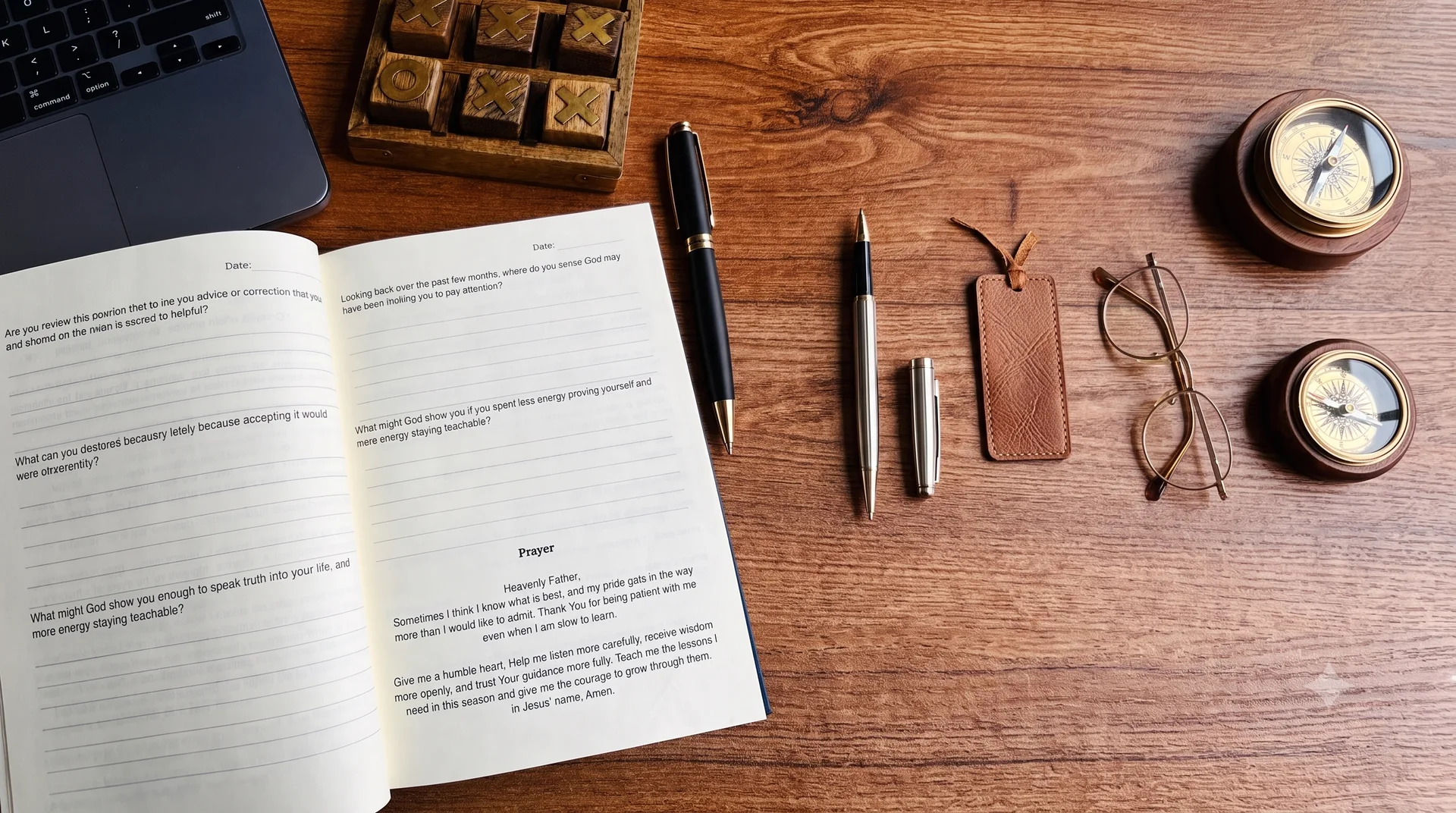 Open journal and writing tools on a wooden desk