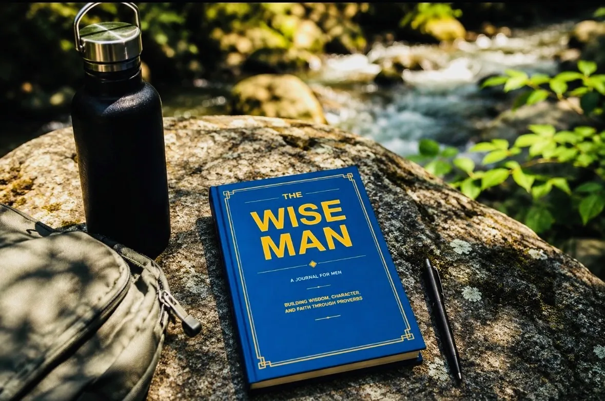 Journal resting on a rock beside a stream