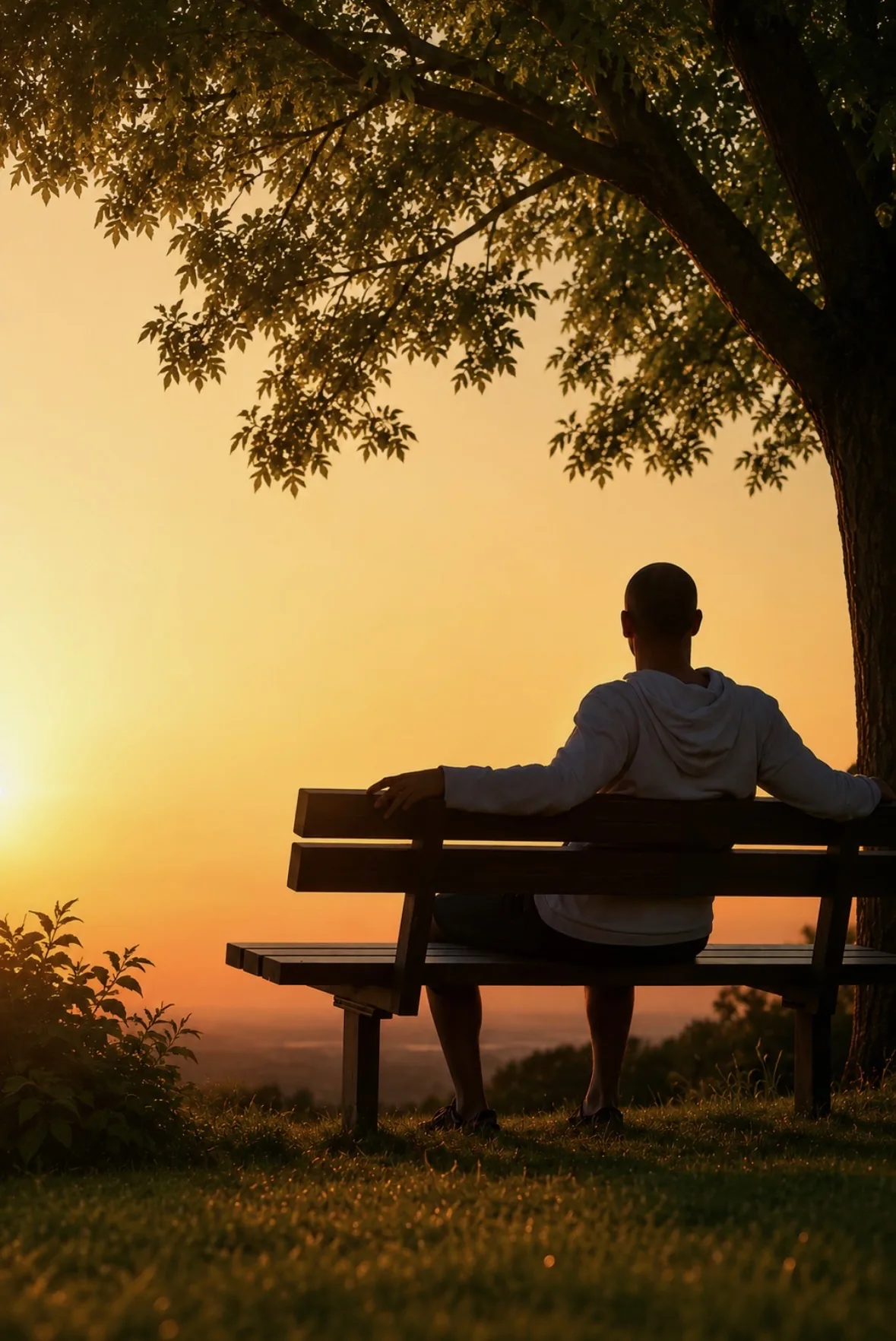 A man sitting on a bench and watching the sunset