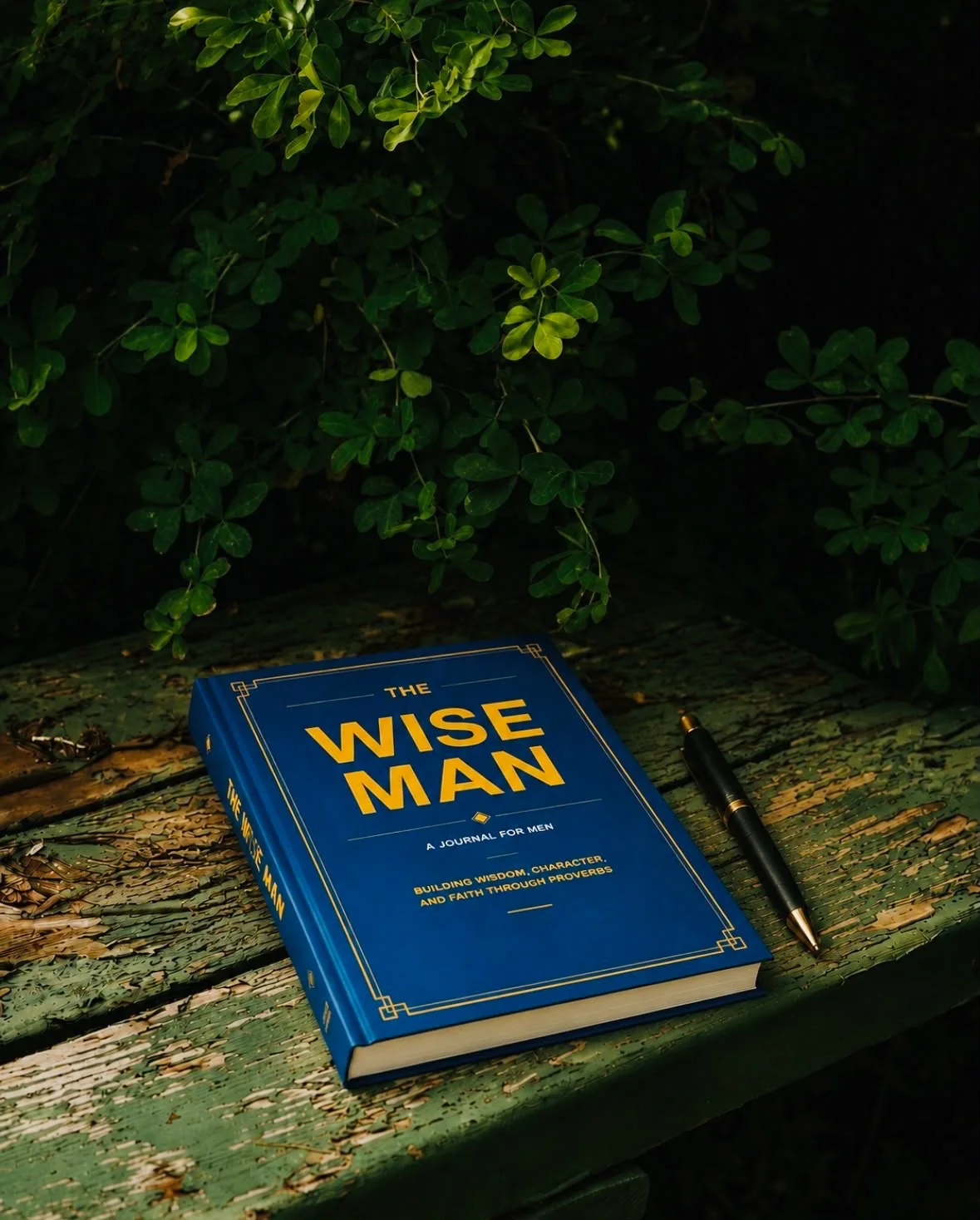 The Wise Man Journal resting on a forest bench beside a pen